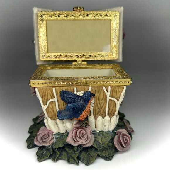Ceramic Birdhouse Blue Roof House Purple Rose Flower Hinged Trinket Jewelry Box - Picture 7 of 10